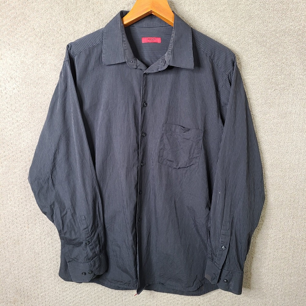 Alfani Shirt Mens XL Black Striped‎ Fitted Button Down Cotton Long Sleeve Casual